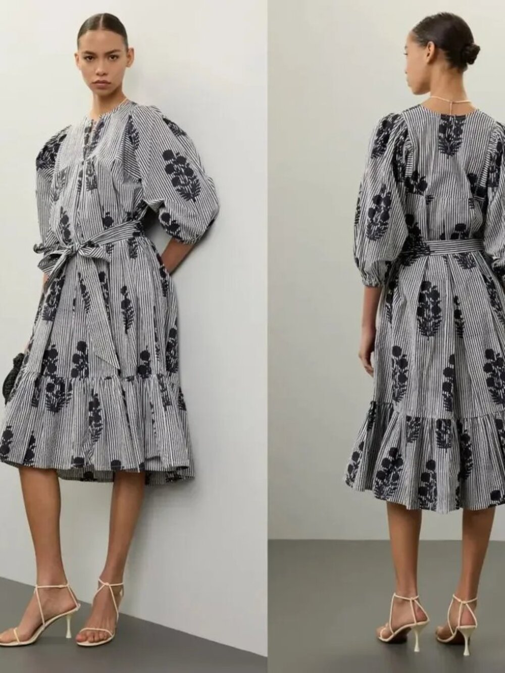 SZ Blockprints Aaron Dress Airy Floral Stripe Puff Sleeve Cotton Midi Navy White